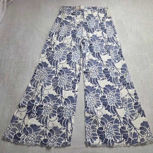 New 31 Anthropologie x Pilcro The Adi printed linen mid-rise flare pants in blu - Picture 4 of 11